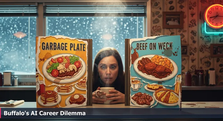 A person at a Buffalo diner counter looks overwhelmed by a large menu listing AI companies and job titles, symbolizing career choices for 2026.