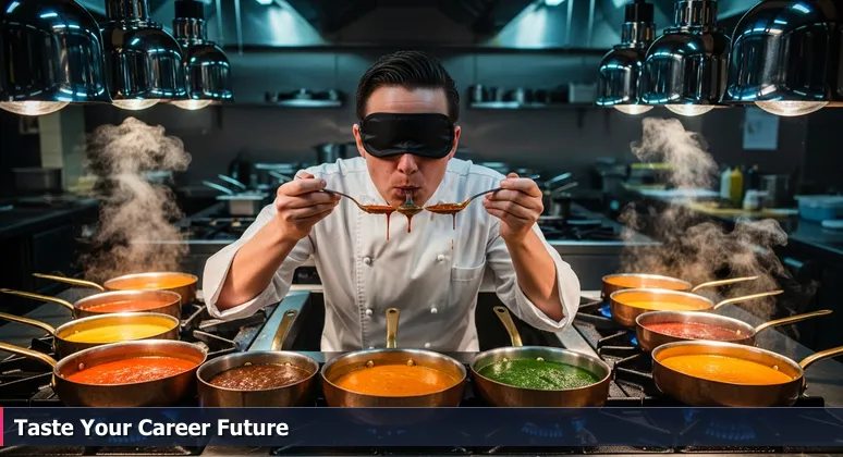 A blindfolded chef tasting sauces in a bustling kitchen, symbolizing the choice of tech career paths in Buffalo, NY for 2026.