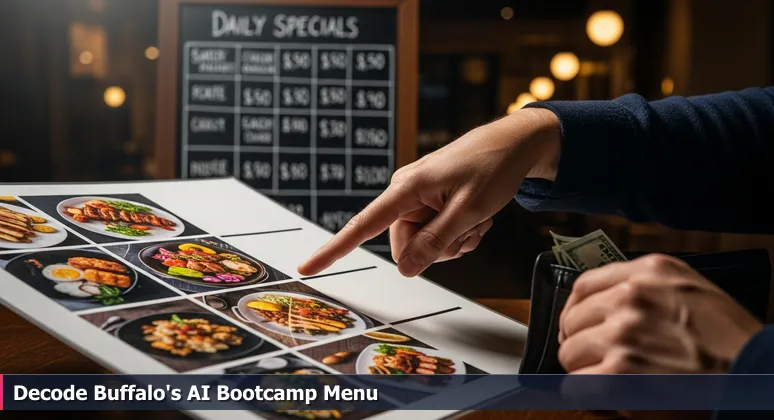 A person's hands holding a large restaurant menu with 'Market Price' highlighted, a wallet nearby, and a chalkboard with priced specials in the background, symbolizing bootcamp choices in Buffalo.