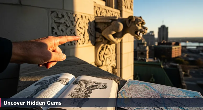 A weathered tour guide's hand points at a hidden gargoyle on Buffalo City Hall, symbolizing insider knowledge for cybersecurity professionals in 2026