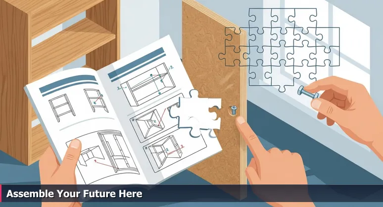 Hands holding a furniture assembly manual with a mismatched bolt and hole, symbolizing the challenge of fitting tech salaries to Buffalo's cost of living.
