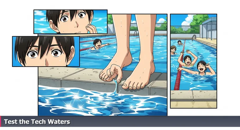 A hesitant person dipping toes into a public pool, symbolizing first steps into free tech training in Buffalo.