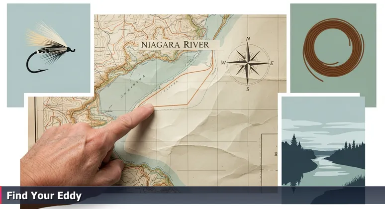 A weathered hand points to a hidden eddy on a map of the Niagara River, symbolizing finding the best tech coworking spaces in Buffalo's innovation ecosystem.