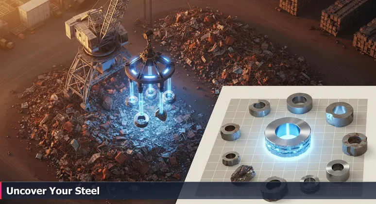 An industrial magnet crane in a Buffalo scrapyard lifts oxidized metal pieces, revealing shiny steel underneath to symbolize finding valuable tech talent through skills.