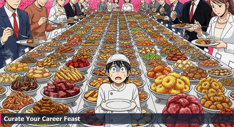 A woman with an empty plate at a vast wedding buffet, symbolizing the overwhelming choice of women-in-tech resources in Buffalo, NY for career growth.