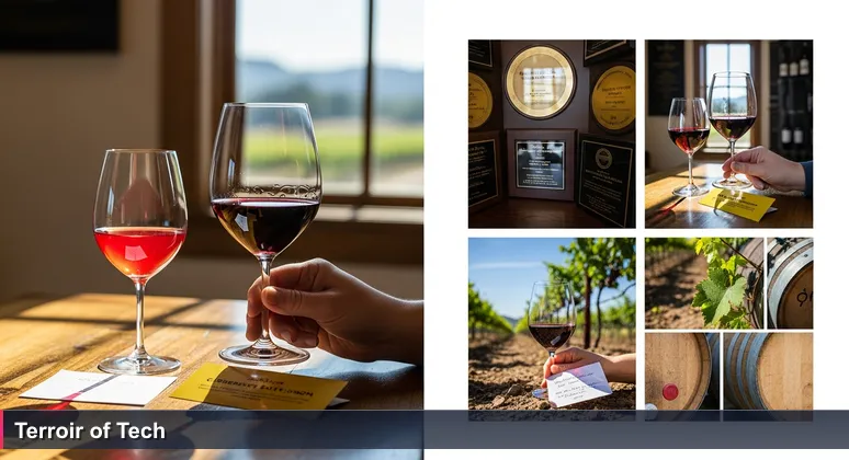 Sommelier's hands comparing two wine glasses on a wooden table in a Santa Barbara tasting room, symbolizing career choices in tech.