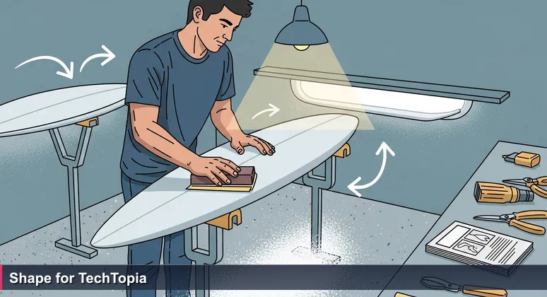 A surfboard shaper in a Santa Barbara workshop crafting a custom board, symbolizing personalized AI skill development for local tech waves.