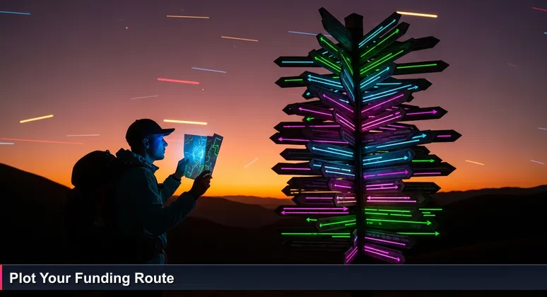 A hiker at a trailhead in the Santa Ynez mountains, examining a wooden signpost with arrows pointing to different paths, symbolizing funding choices for tech education in Santa Barbara.