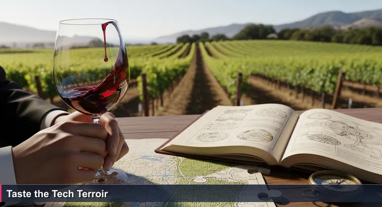 Close-up of a sommelier's hands holding a glass of Santa Barbara Pinot Noir in a sunlit vineyard, symbolizing the nuanced evaluation of AI salaries in the local tech market.