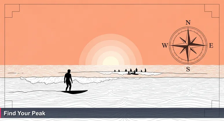 A lone surfer on Leadbetter Beach at dawn, with a group of surfers in the distance, symbolizing the journey from isolation to collaborative AI community in Santa Barbara.