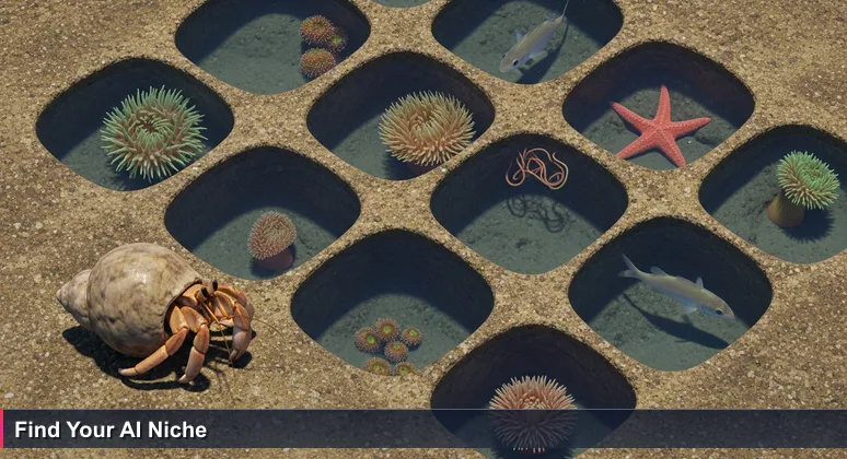 A close-up view of a vibrant Santa Barbara tide pool at low tide, with marine life like hermit crabs and anemones thriving in specialized crevices.