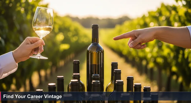 Close-up of a sommelier's hands selecting a wine bottle from a tasting flight in a sunny Santa Barbara vineyard, representing curated tech career opportunities.