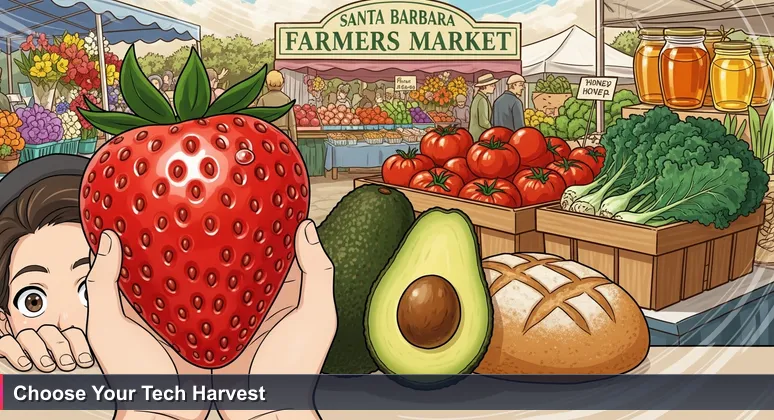 Hands holding fresh produce at Santa Barbara Farmers Market, representing the abundance of AI bootcamp choices for tech careers.