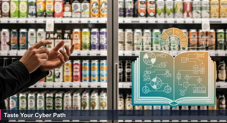 Close-up of hands hesitating in front of a craft beer wall at Lazy Acres grocery in Santa Barbara, symbolizing the overwhelming choice in cybersecurity careers.