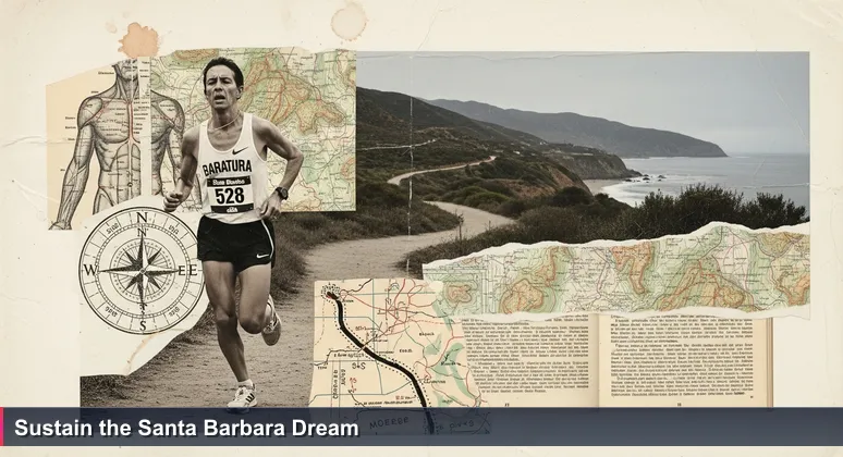 A determined tech professional as a marathon runner struggling on a scenic coastal path in Santa Barbara, with a 'DREAM JOB' race bib.