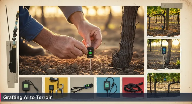 Close-up of hands adjusting an IoT moisture sensor in soil at a Santa Ynez Valley vineyard at dawn, symbolizing AI integration in traditional agriculture.