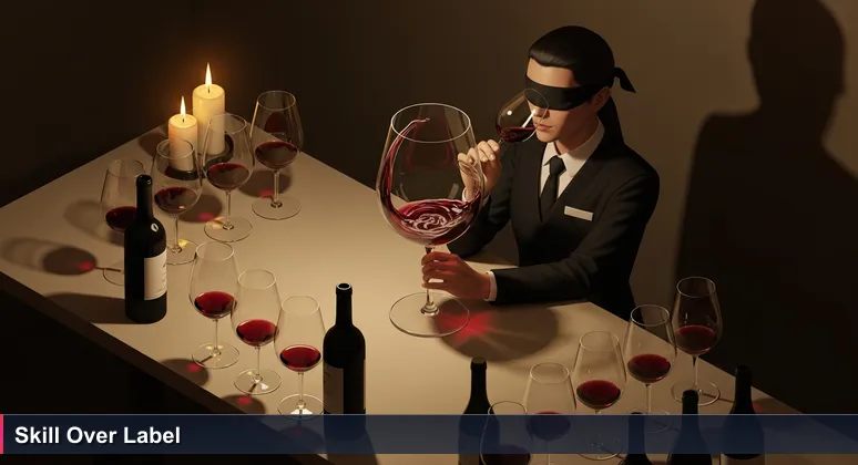 A blindfolded sommelier tasting wine in a Santa Barbara tasting room, symbolizing tech employers valuing skills over degrees in 2026.