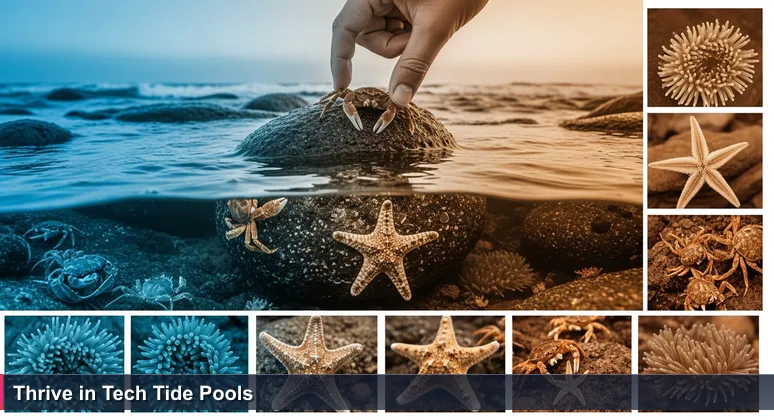 A hand uncovering a tide pool ecosystem on Santa Barbara coast, with marine life symbolizing hidden tech communities for women.