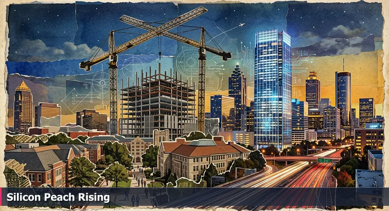 Twilight view of Midtown Atlanta skyline with Georgia Tech campus in foreground, cranes over a new engineering building, and illuminated office towers representing fintech and AI firms.