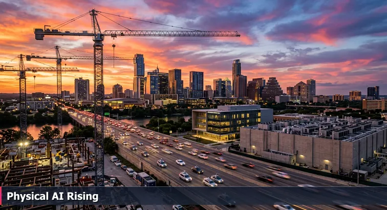 Austin skyline at sunset with construction cranes, a robotics lab building, and a nearby data center with an autonomous test vehicle on a highway.
