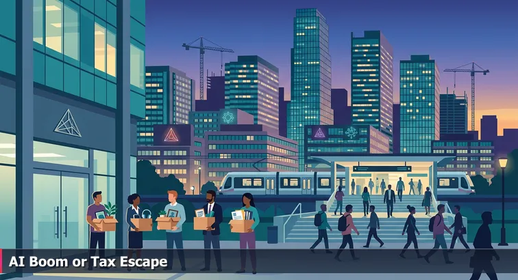 Twilight downtown Bellevue skyline with glass office towers, construction cranes, light-rail riders and a small group of workers outside a tech building holding boxes and resumes.