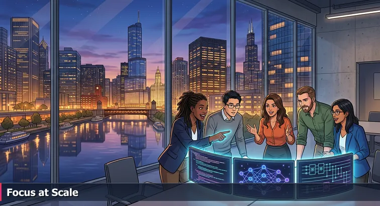 Twilight view of downtown Chicago riverfront with office towers lit, and a nearby modern workspace where diverse employees collaborate over code and AI diagrams.