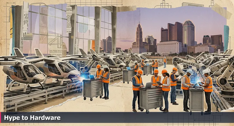 Bright manufacturing hall in Columbus with rows of autonomous aircraft and industrial robots on assembly lines, engineers in safety vests working on laptops, and a distant downtown skyline visible.