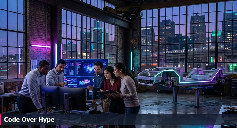 Engineers and designers collaborate inside a converted Detroit factory around laptops and vehicle dashboards with a prototype EV chassis on a lift and dusk skyline through large windows.