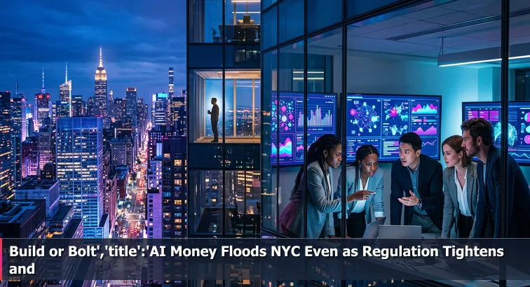 Midtown Manhattan skyline at dusk with lit office towers; a small team visible inside a glass-walled startup office looking at AI-generated charts on monitors.