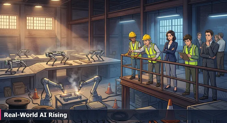 Interior of CMU’s Robotics Innovation Center with four-legged robots and robotic arms operating on test platforms while engineers and visitors observe from a mezzanine.