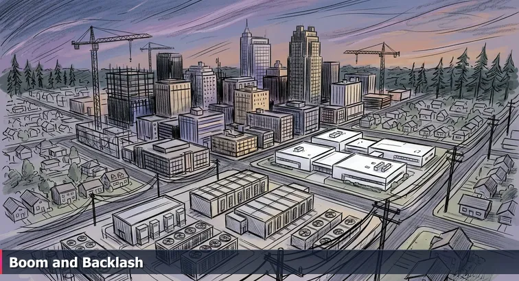 Aerial twilight view of downtown Raleigh with construction cranes, a nearby biotech campus, and a large data center complex with cooling units and power lines near residential areas.