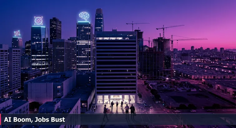 Twilight aerial of downtown San Francisco and SoMa showing high-rise office buildings, cranes over construction sites, lit company logos, and a small group of workers leaving an office lobby with boxes.