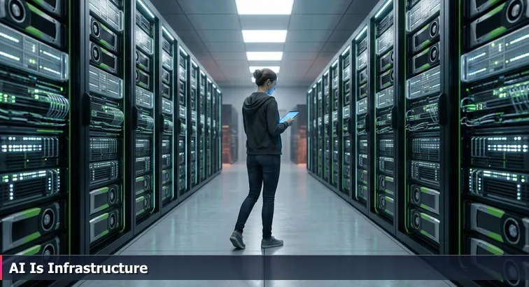 An engineer walks down a brightly lit data-center aisle lined with Nvidia-branded GPU racks, carrying a tablet, highlighting the scale of AI infrastructure.
