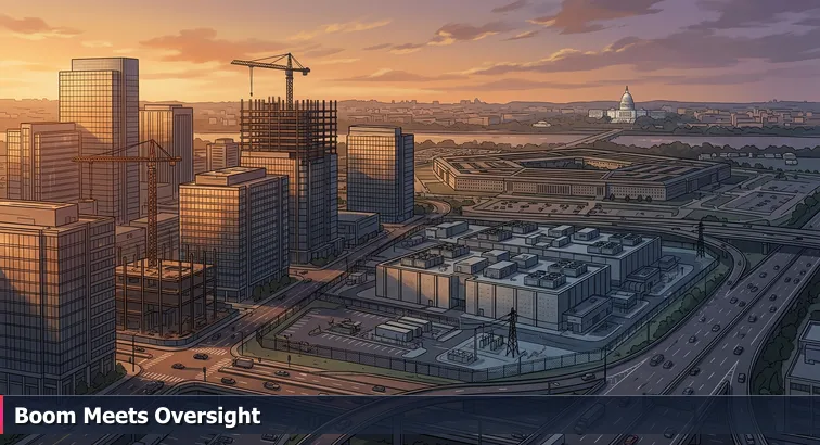Late-afternoon cityscape of National Landing and the Pentagon area with construction cranes, new office towers, a distant data center complex, and the Capitol dome on the horizon.