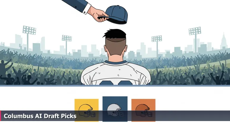 A draft pick at the NFL Draft receiving a new team hat, with a bustling Columbus crowd in the background, symbolizing AI startups joining the city's innovative tech scene.