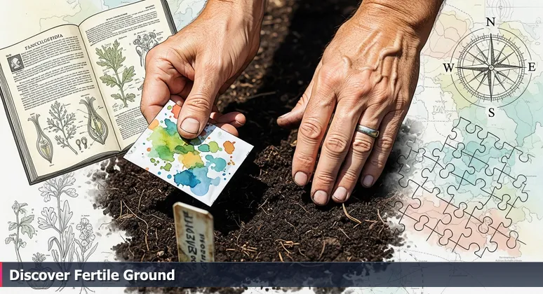 Gardener's hands hold seeds while sifting soil with a buried tag labeled Columbus, symbolizing the local AI career ecosystem.