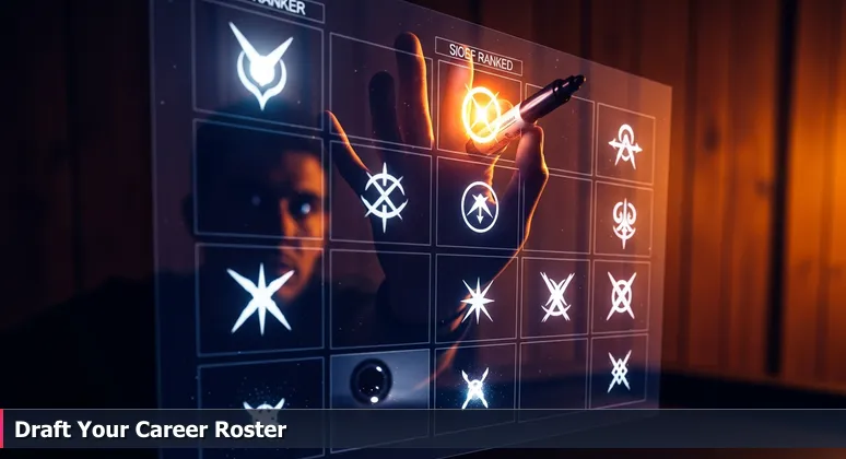 A fantasy sports draft board in a Columbus basement, with tech company names like Google and Upstart listed, symbolizing high-stakes career choices in the local tech scene.