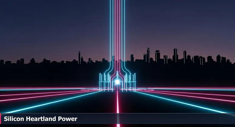 An industrial electrical substation at dusk with power lines leading to the Columbus city skyline, symbolizing tech infrastructure power