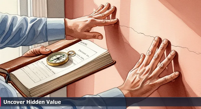 A professional appraiser's hands inspecting a wall with a hairline crack, symbolizing the deep evaluation of AI salary packages in Columbus.