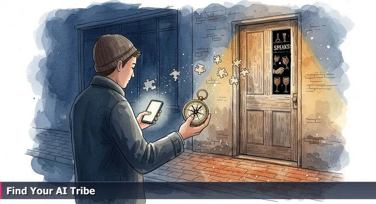 A person outside a speakeasy in Columbus's Short North, holding a phone with AI event listings, symbolizing the search for the right networking community.