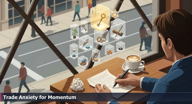 Hands holding a crumpled 'Top 10' list on a coffee shop table in Columbus' Short North, with a pen and latte, looking out at a bustling street scene.