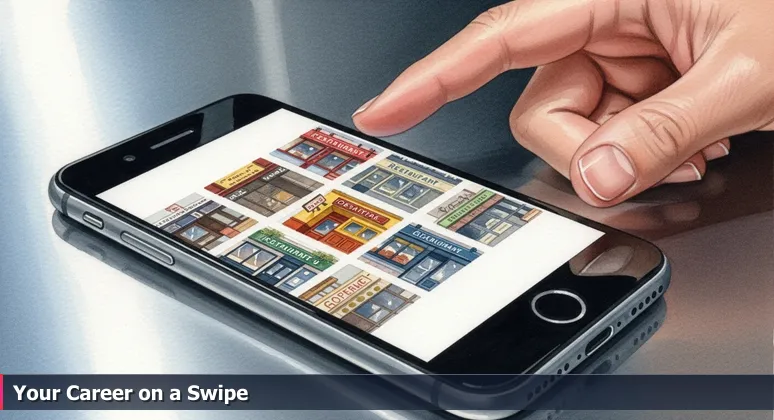 Close-up of a hand hesitating over a smartphone screen showing a grid of 4.5-star rated restaurants, symbolizing the anxiety of choosing a tech bootcamp in Columbus.