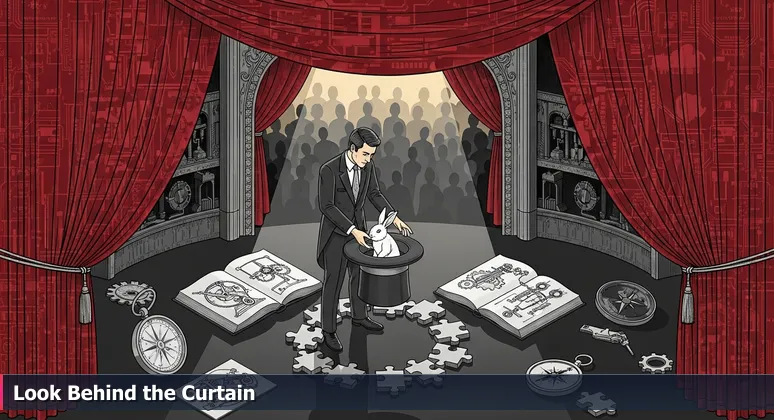 A magician behind a red velvet curtain, placing a rabbit into a hat's hidden compartment, symbolizing the unseen mechanics of Columbus's cybersecurity job market for 2026.