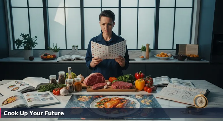 A tech worker in a modern kitchen thoughtfully evaluating a recipe card with premium ingredients, representing the balance of salary and expenses in Columbus.