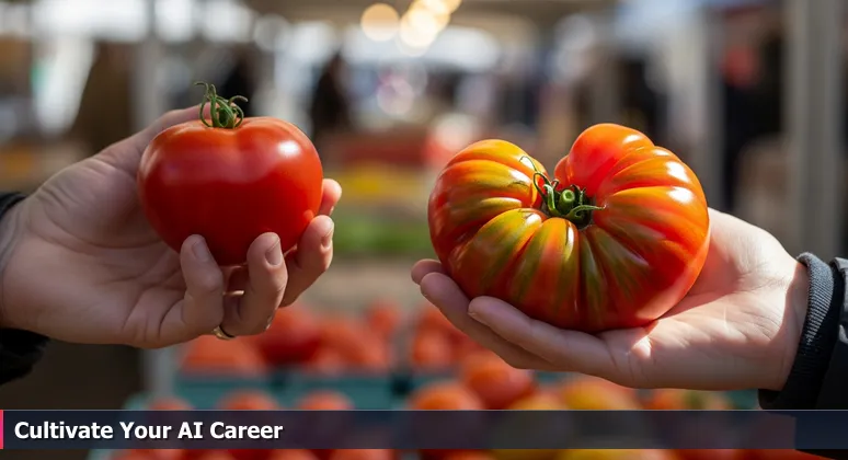 Hands comparing a mass-produced tomato and an heirloom tomato at Columbus's North Market, symbolizing AI career choices between Big Tech and local industries.