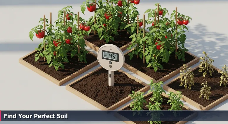 Gardener's hands testing soil with a pH meter in a raised bed, with healthy tomato plants and wilting herbs in the background, symbolizing startup ecosystem fit.