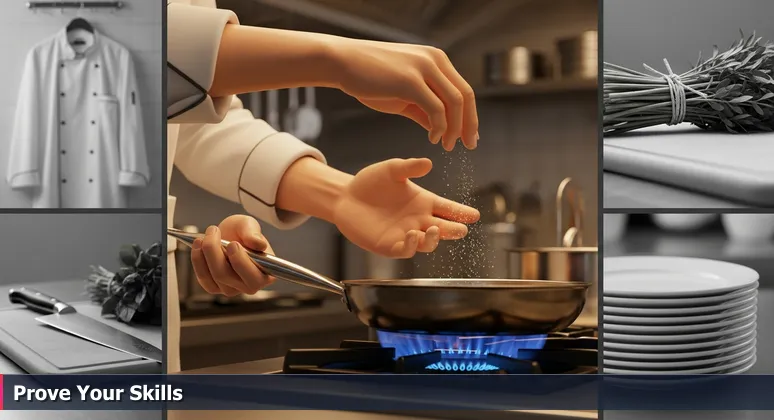 Close-up of skilled hands in a professional kitchen, adjusting a flame and seasoning a dish, symbolizing hands-on tech skills in Columbus.