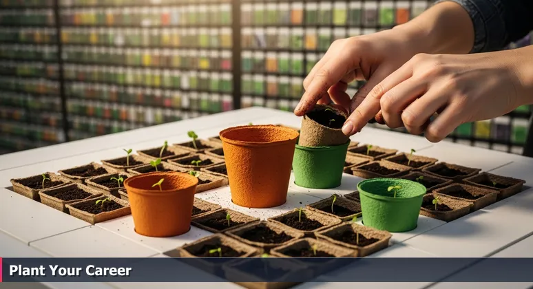 Close-up of hands holding a biodegradable seed pot with soil at Oakland Nursery in Columbus, OH, symbolizing career growth with seed packets in the background.
