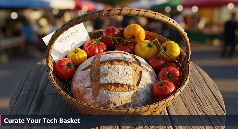 A woven basket at Columbus's North Market with bread, tomatoes, and tech business cards, symbolizing the synergy of women in tech groups.