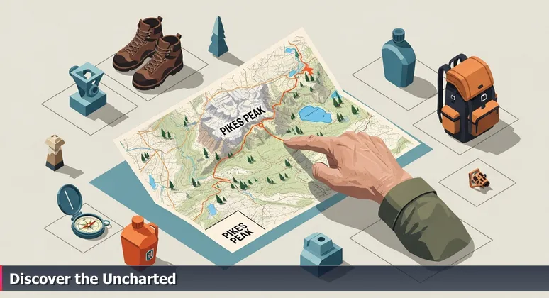 A hiker's hand tracing a marked trail on a topographic map of Pikes Peak, with uncharted contours symbolizing Colorado Springs' emerging AI startup ecosystem.